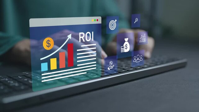 ROI analysis and business strategy management concept. Person typing keyboard with data dashboard and financial metrics icons, investment performance, decision making and profitability optimization.