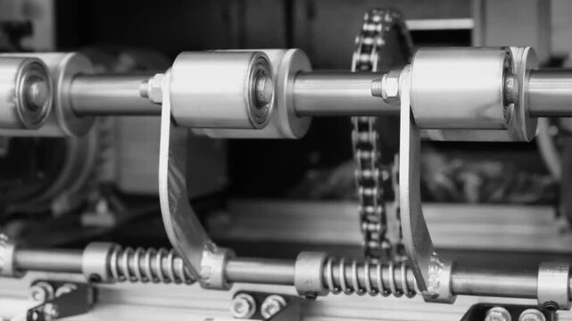 Close-up of metal rollers in industrial machinery. Springs connect rollers to the frame. Chain drives the rolling mechanism. Monochrome footage highlights mechanical precision