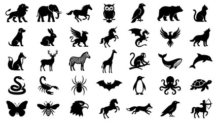 Fototapeta premium Collection of wild and mythical animal silhouettes in a flat black vector icon set design style