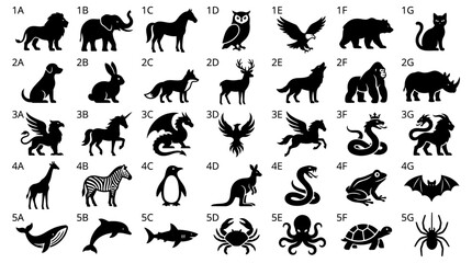 Fototapeta premium Collection of wild animal silhouettes and mythical creatures in a flat black vector icon set design