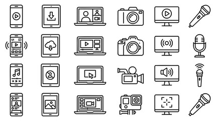 Digital Media Icon Set Featuring Multimedia Devices and Streaming Technology in Minimalist Line Art Style © Vectscape