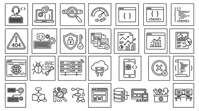 Set of Software Development and Programming Icons in Minimalist Line Art Style for Web Interface