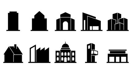 Collection of black building silhouettes featuring diverse architectural structures in a minimalist style © Vectscape