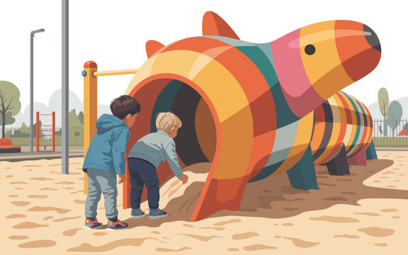 Children play outside with a large colorful animal-shaped playground tunnel
