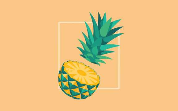 A vibrant illustration of a fresh pineapple cut in half on a table indoors.