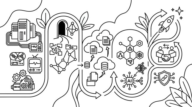 A conceptual pathway demonstrates the complex transformation of raw digital data into actionable intelligence through advanced neural network processing and secure technological synchronization