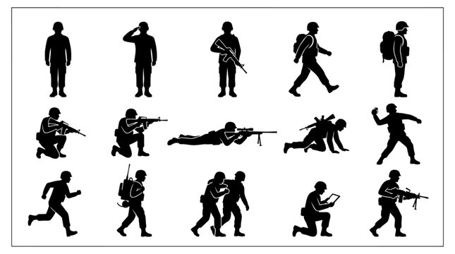 Set of soldier silhouettes in various combat poses and tactical formations in a minimalist vector style