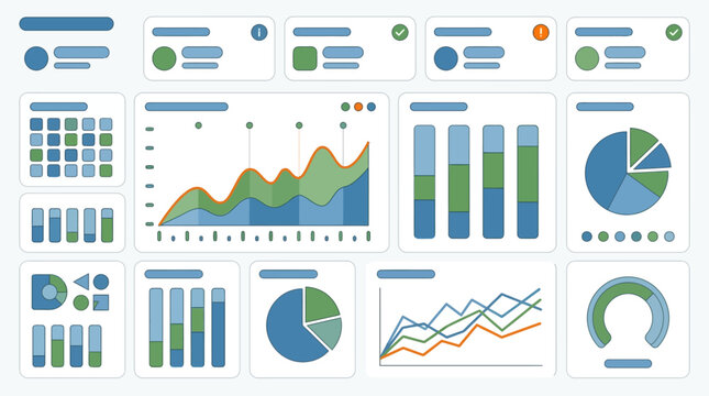 Professional business dashboard displays diverse financial charts and progress metrics to help corporate analysts evaluate performance trends while improving data driven decision making for your