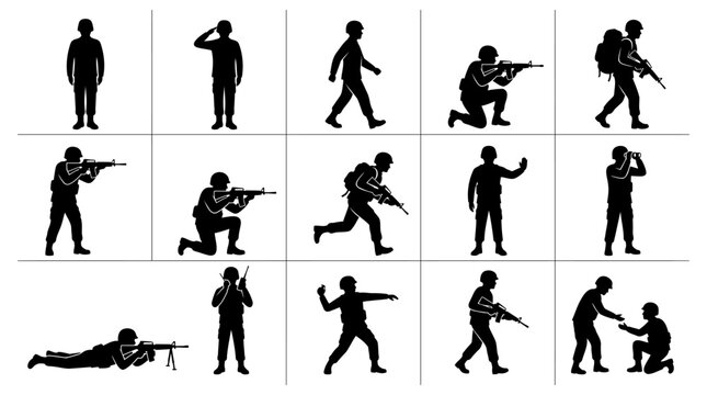 Collection of soldier silhouettes in various combat poses and tactical military actions in black style