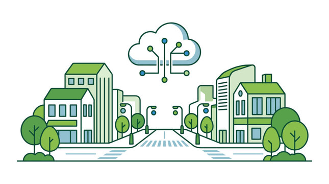A digital cloud network icon hovers over a residential town street featuring eco friendly homes and green trees which promotes the concept of sustainable urban living through advanced computing