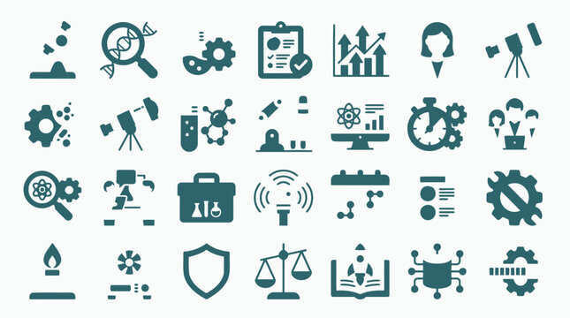 Scientific research laboratory and technology flat vector icon set for web and design project implementation.
