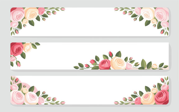 Three rectangular labels with floral borders are placed horizontally