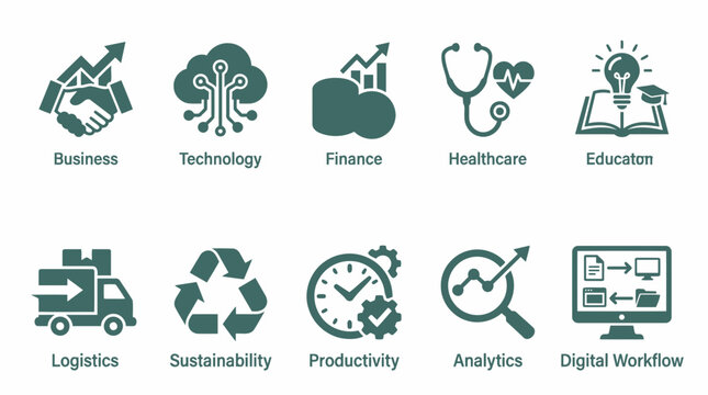 Business and technology professional icons collection with text labels.