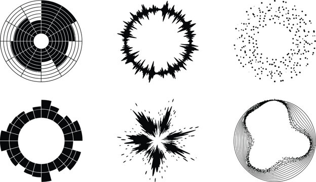 Circular sound visualizations show radial audio patterns and abstract frequency data in a modern graphical format.