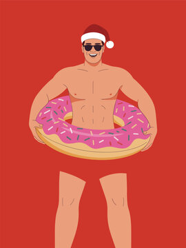 A muscular man in sunglasses and Santa hat holds pink donut floatie outdoors.