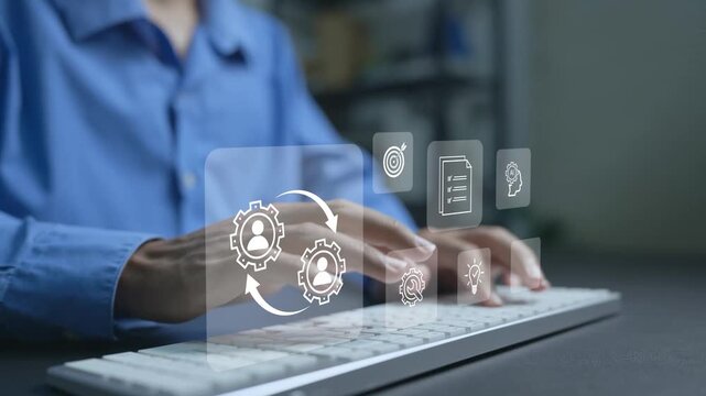Digital change management system concept. Person typing keyboard with analytics and transition icons, business innovation, workforce adaptation and continuous improvement.