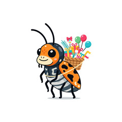 Fototapeta premium Cute ladybug character carrying gifts and balloons in a basket on back
