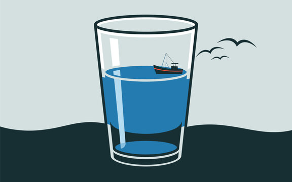 A sailboat floats on water in a glass with birds flying outside.