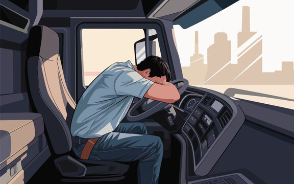 Exhausted truck driver slumps over steering wheel inside cabin during daytime.