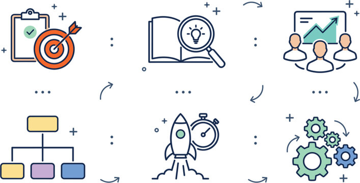 Business planning and project management linear icon set featuring target book research team presentation chart rocket gear workflow vector illustrations.