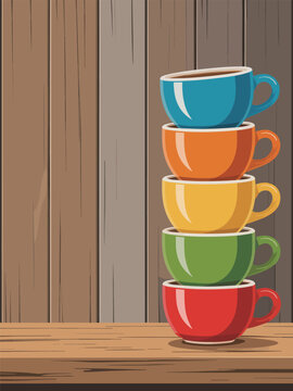 Colorful stacked coffee cups on a wooden table indoors