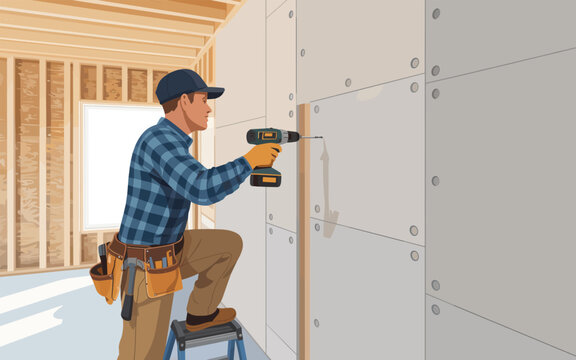A man in a plaid shirt is drilling into a wall with a power drill on a construction site indoors.