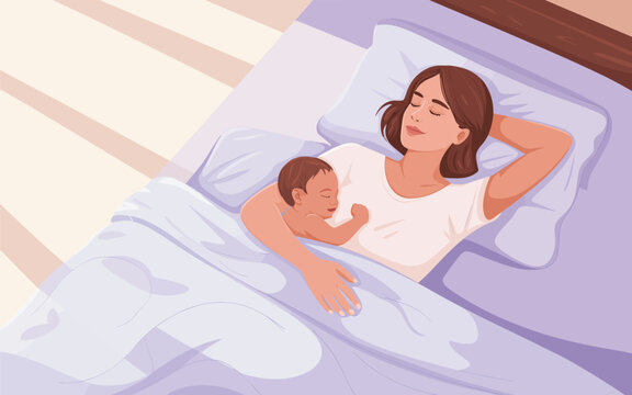 A mother and baby sleeping peacefully on a bed together indoors.