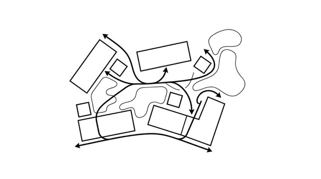 Line art architectural site analysis diagram featuring building massing and circulation arrow