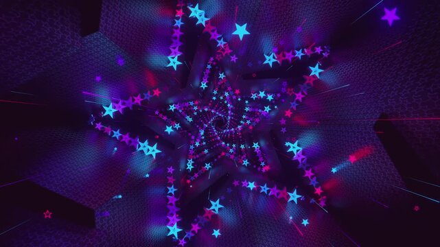 Seamless digital star vortex with rhythmic motion and glowing geometric elements, creating a deep perspective background for stage screens and event displays.
