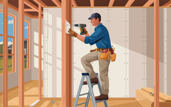 A man in a blue shirt works on a wall with a drill on a step ladder indoors.