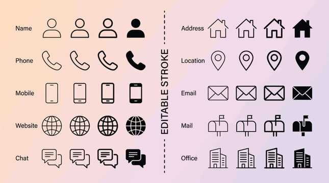 Icons representing contact methods and office locations are organized in a clean grid layout for professional digital design use.
