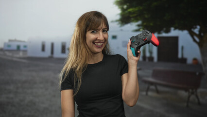 Woman holding a colorful game controller and smiling while posing on a quiet street near a white building and park bench  casual gaming joy. © Krakenimages.com