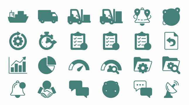 Warehouse management and fleet monitoring icon set for logistics and shipping business operations.
