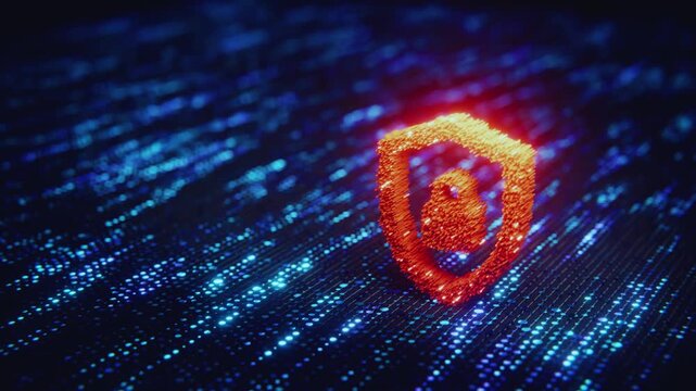 Glowing shield and padlock icon for cyber security and data protection