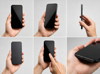 A black smartphone mockup shown in different hand-held angles on a clean light background, with blank screen for app, UI, or product presentation. © Tenity