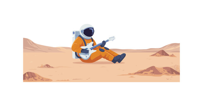 Astronaut sitting relaxed on a barren Martian surface with spacesuit.