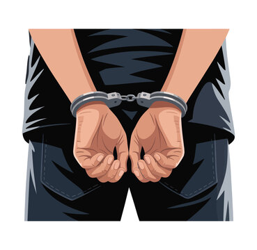 A person wearing handcuffs on their wrists is shown from behind.