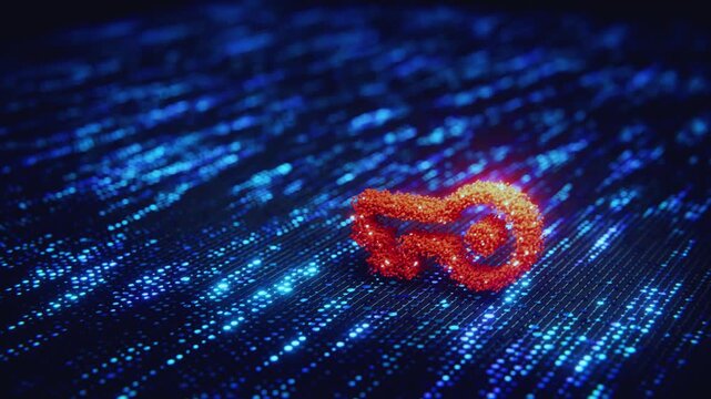 Glowing red digital key on blue tech background for cyber security