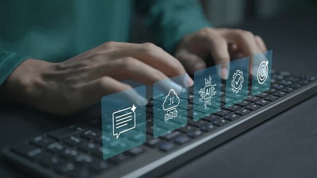 AI workflow process concept. Person typing keyboard with artificial intelligence and workflow automation icons, smart task management, process optimization and digital transformation.