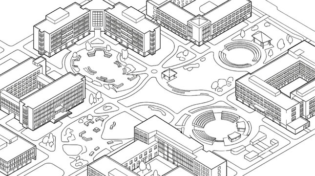 Isometric line art educational campus masterplan featuring circular amphitheater and building massing