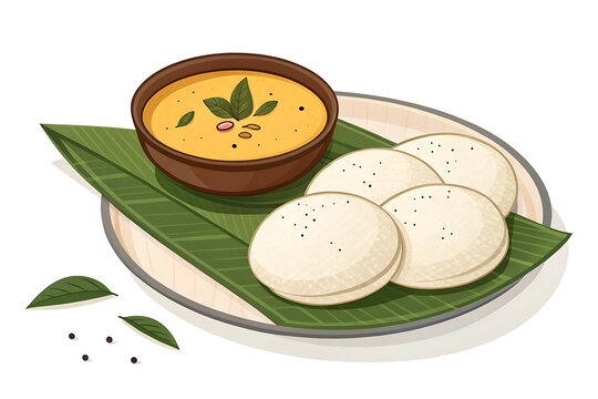Idli with coconut chutney, minimal vector illustration, soft shadows, flat colors, isolated on white background