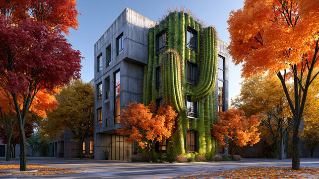 Place urbaine moderne surr&eacute;aliste avec un immeuble en b&eacute;ton dont un angle est remplac&eacute; par un gigantesque cactus saguaro. La place est entour&eacute;e de beaux arbres d'automne sous un ciel bleu