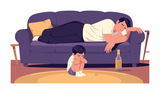 Father sleeps on couch while baby crawls on floor at home