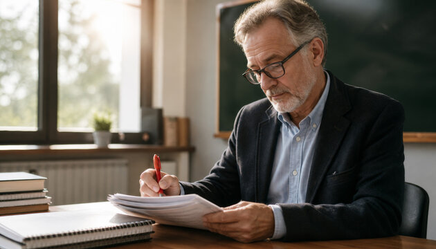 Mature man reviewing documents with focused expression at desk