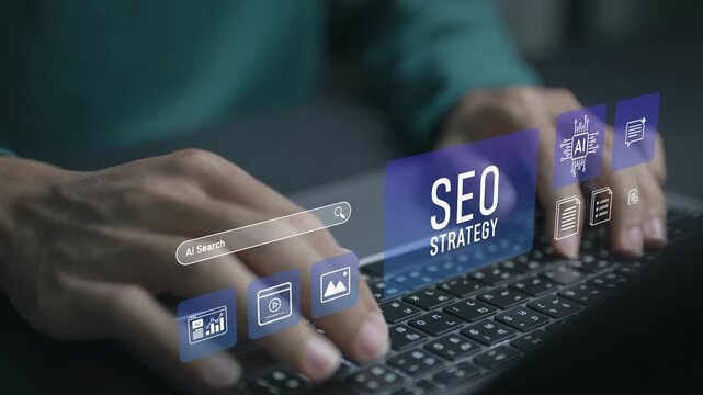 SEO strategy concept. Person using laptop with search engine optimization and analytics icons, website visibility, organic traffic growth and digital marketing performance.