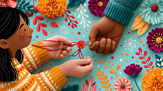 Cute Raksha Bandhan greeting card illustration showing sibling bond with colorful festive elements and clean text space