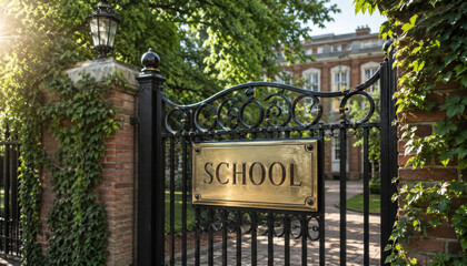 Obraz premium Elegant school gate with greenery and sunlight in background