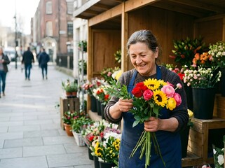 Fototapeta premium Happy Senior Female Florist Arranging Colorful Bouquet at Outdoor City Street Flower Shop Stall