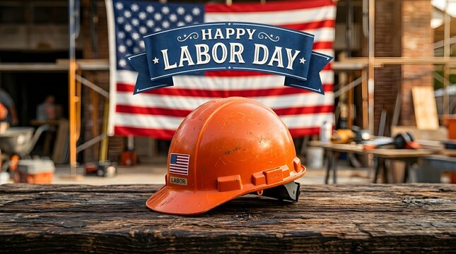 Labor day construction site orange hard hat with american flag decal