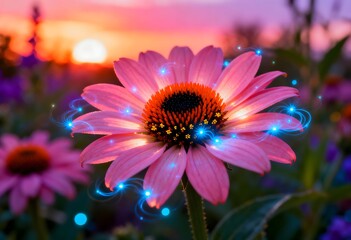Obraz premium Magical Pink Flower at Sunset with Glowing Blue Light Trails and Fireflies
